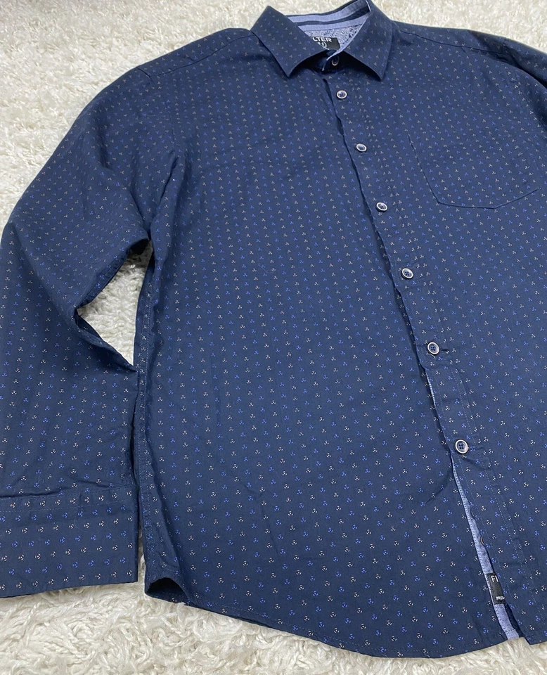 Filter Button Up Shirt Men’s Large Blue Geometric Paisley Flip Cuffs Long Sleeve - Image 4 of 4