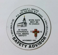 Vintage Work Safety Advisor Man West Virginia Church Coal Mining Sticker Decal