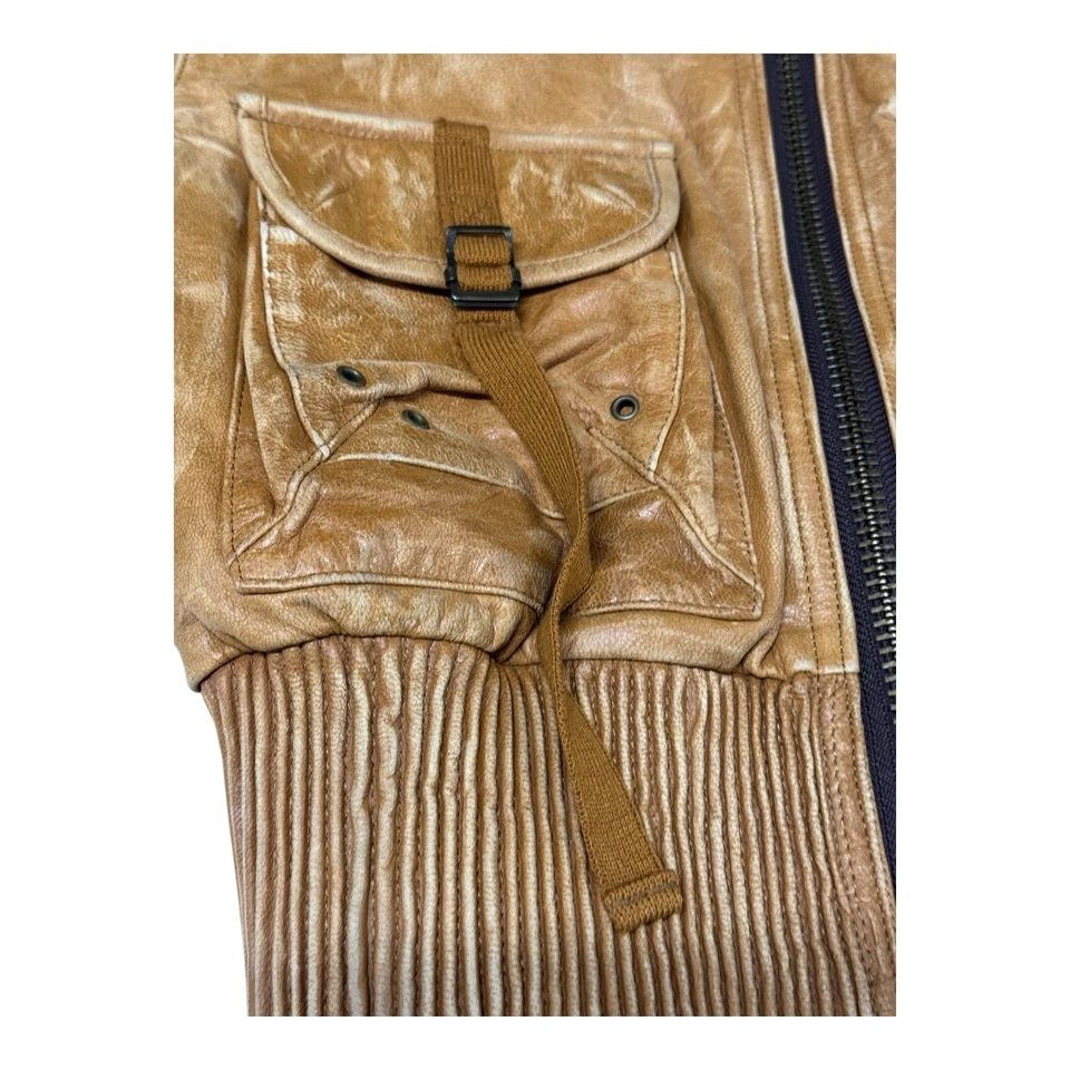 Jaqueta bombardeiro vintage DA-NANG S marrom couro desgastado malha com nervuras cintura - Imagem 4 de 4