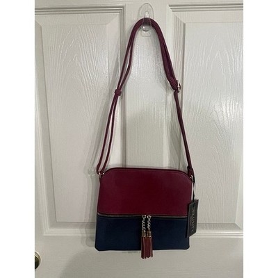 DELUXITY Women's Faux Leather Maroon/Navy Crossbody Purse Tassel Zip
