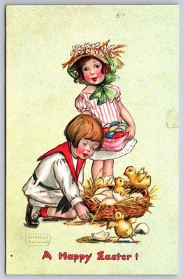 Katharine Gassaway Easter~Boy Kneels By Nest Of Hatching Chicks~Girl w/Eggs~TUCK