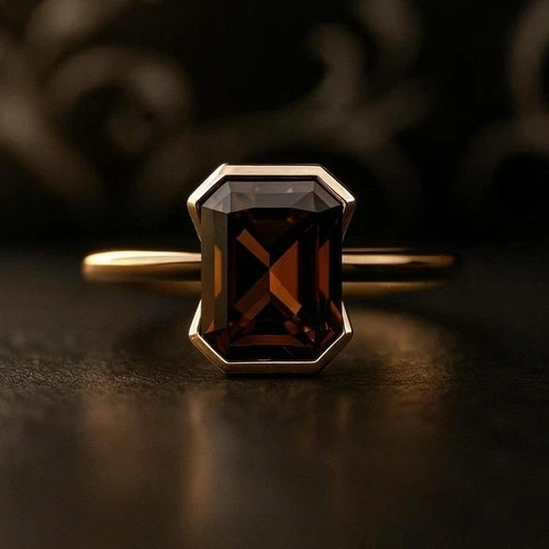 Engagement Ring 2CT Smoky Quartz 14k Yellow Gold Emerald Cut HalfBezel