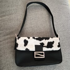 Black White Animal Print Shoulder Bag Buckle Accent Silver Hardware