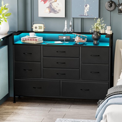 Black LED Dresser, Dresser with 9 Drawers and Charging Station, Fabric Chest ...