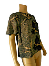 HALSTON Top Blouse Shirt size XS black brown short bell sleeves faux wrap NWT