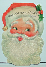 Glitter Flocked - Santa Claus - 1950's Vintage HALLMARK Christmas Greeting Card
