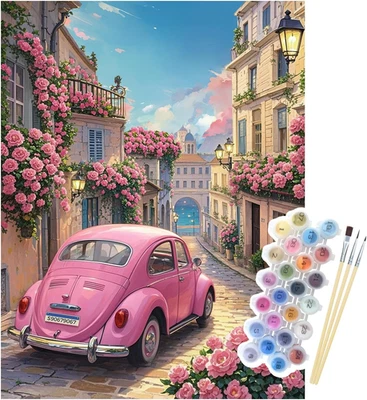 NPCSWXQ Malen Nach Zahlen Erwachsene, Sonnenuntergang Rosa Rosen Auto Dekoration DIY Pai