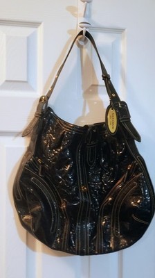 Maxx New York Black Patent Quilted Shoulder Bag Gold Hardware Zipper Accent