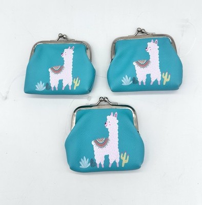 Lot Of 3 Alpaca Llama Tic Tac Coin Purse Kiss-Lock Change Pouch Teal Blue PU