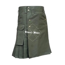 Ripstop Cotton Olive Green Hybrid Utility Kilt with Cargo Pockets   Sizes 28"-60