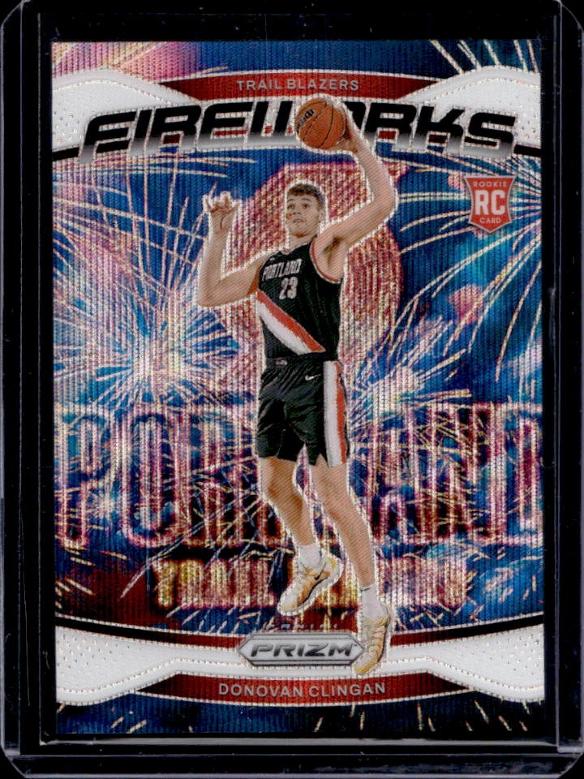 2024-25 Prizm Donovan Clingan Fireworks RC White Wave #/20 Trail Blazers