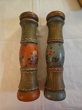 Pair Of Vtg Hand Painted Stained Wood Salt  Pepper Mill Grinder Roses 10" Italy
