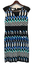London Style Midi Formal Work Dress Womens 12 Cap Sleeve Zip Up Blue Geometric
