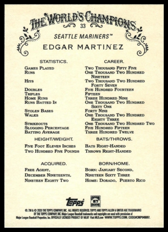 2020 Topps Allen & Ginter X #33 Edgar Martinez - Image 2 of 2