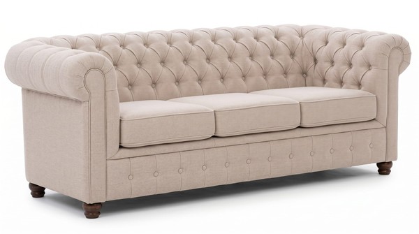 Beiges 3-Sitzer-Sofa Gestepptes Polstersofa Chesterfield Wohnzimmer-image