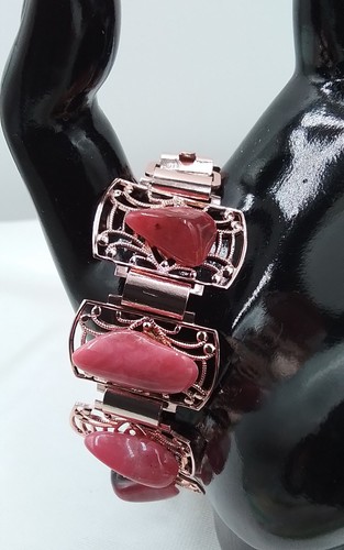7" PINK NATURE STONE ROSE GOLDTONE VINTAGE ESTATE BRACELET MADE IN GERMANY WIDE - Picture 17 of 21