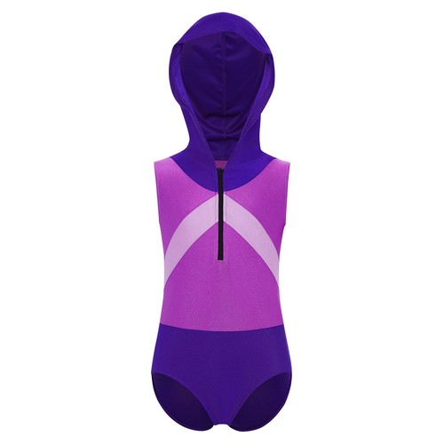 Boy Color Block Hooded Gymnastic Leotard One Piece Zipper Front Hooded Swimsuit - Picture 17 of 24