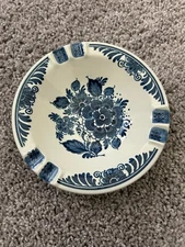 Vintage Blauw Delfts Distel Ashtray Hand Painted Floral Porcelain Bowl Holland