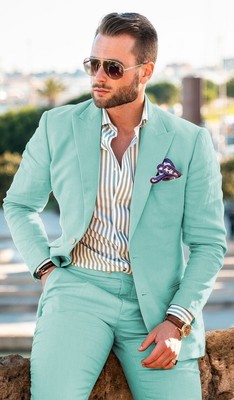 Summer Linen Men's Suits Peak Lapel Casual Wedding Groom Tuxedos Blazers Pants