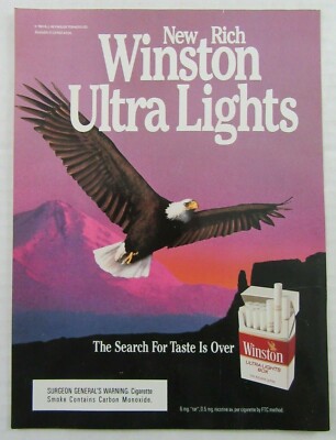1991 WINSTON ULTRA LIGHTS BOX Cigarettes Soaring Eagle Magazine Ad