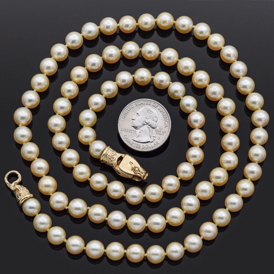 Vintage 8-8.5 mm Pearl & Ruby 14K Yellow Gold Snake Clasp Beaded Strand Necklace - Image 3 of 4