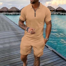 Men Summer Outfit 2-Piece Set Short Sleeve Shirt and Shorts Sweatsuit Set