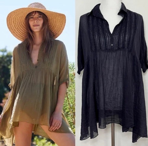 FREE PEOPLE ONE Blouse Womens Small Navy Blue Cotton Aiden Sheer Oversized Top