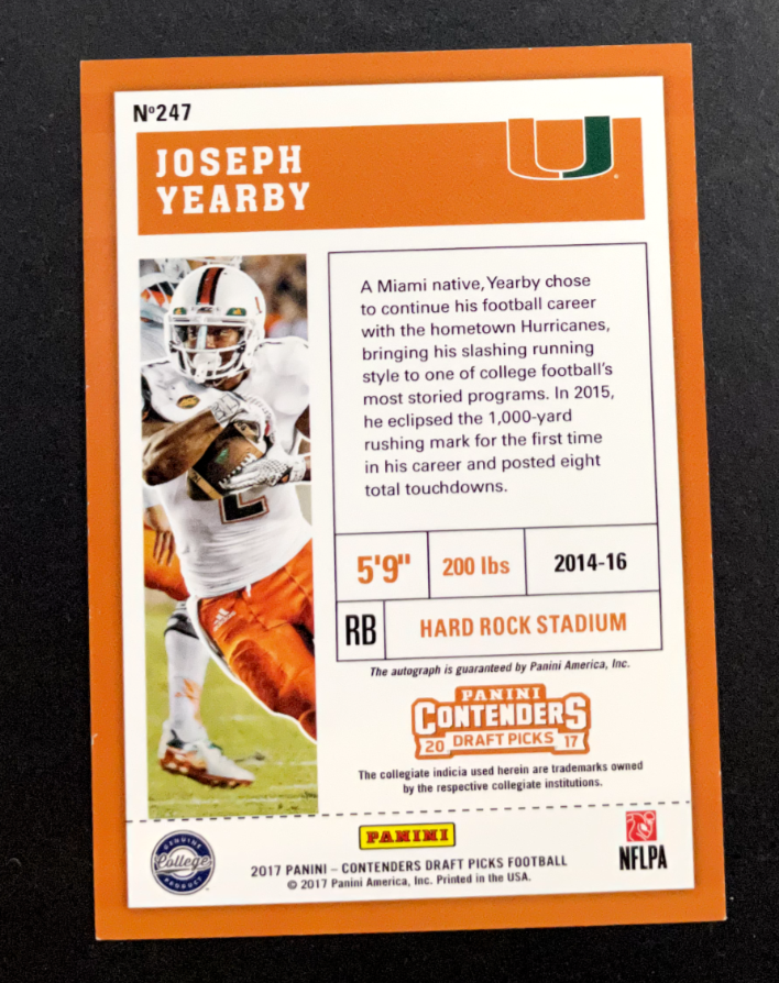 2017 Panini Contenders Draft Joseph Yearby #247 Miami Hurricanes