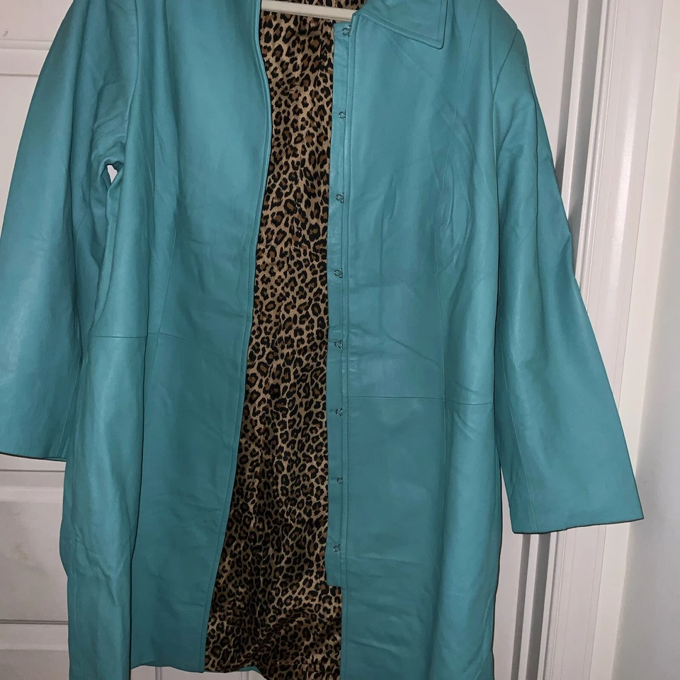 Newport News Robin's Chaqueta Azul Huevo 100% Cuero 2x Y Falda Estampado Animal Foto 2 de 4