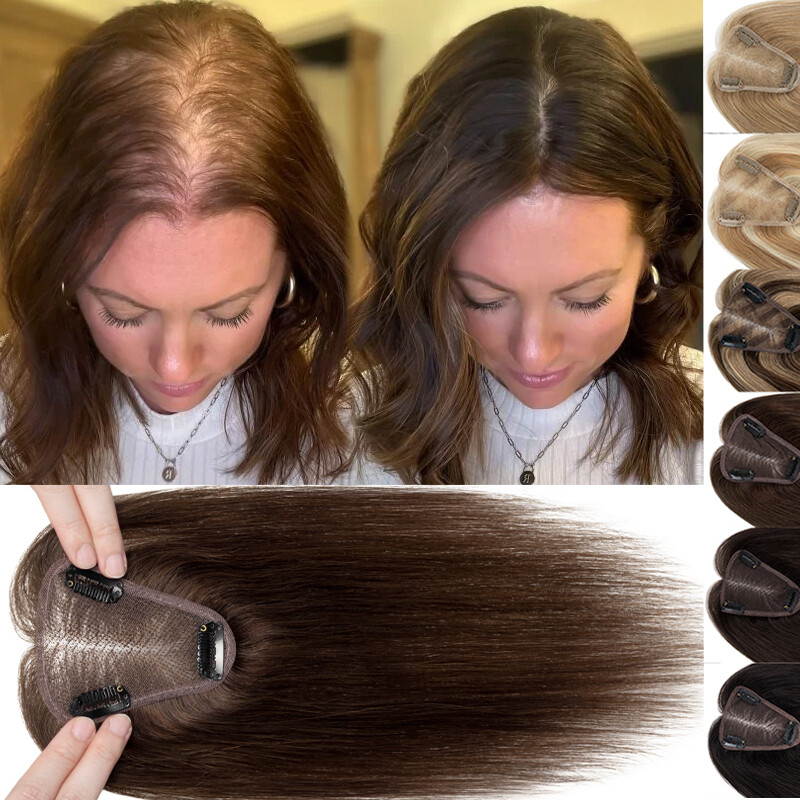 100% Real Human Hair Topper Clip In Hair Piece Toupee Top 