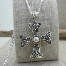 Sterling Silver & 10K Freshwater Pearl Aphrodite Cross Chained Keith Jack Boxed