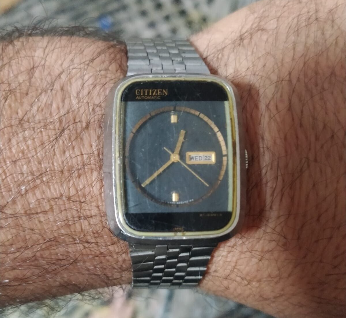 希少 ヴィンテージ CITIZEN 4-850165 黒文字盤 タンク 86年製 VINTAGE Citizen 54-0374/ 4-662148 Day Date Cal 6601 Work & Stop