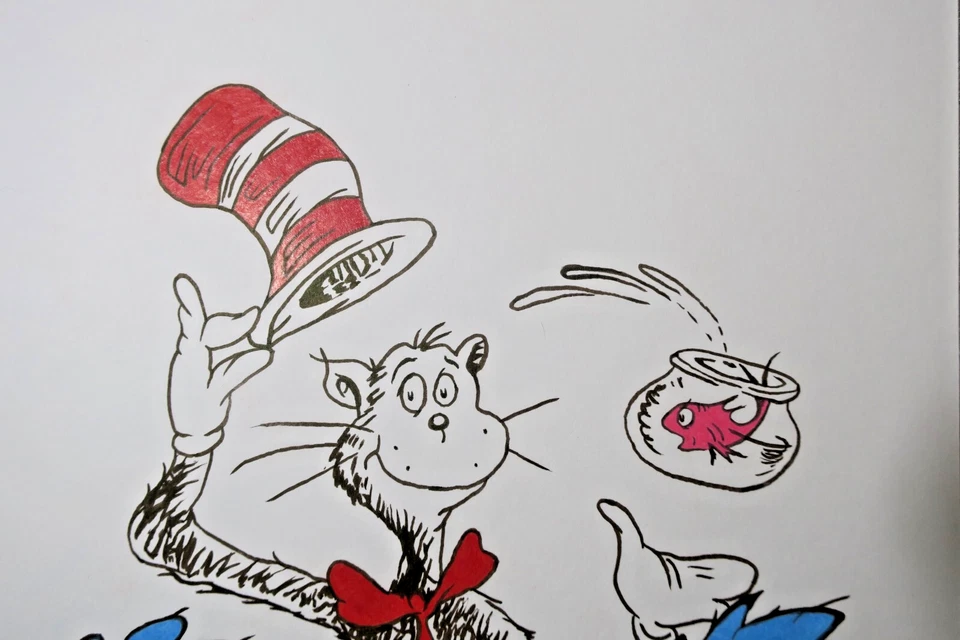 Dr. Seuss Dibujo CATO EN EL SOMBRERO ~ Cosa 1 y Cosa 2 ~ Arte Original Firmado 🏅 Foto 3 de 4
