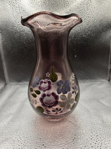 FENTON Purple Amethyst Glass Floral Ruffled Hand Painted Vase 8"h