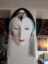 Vandor 8.5" Vintage Ceramic Art Deco Woman Teal Helmet Face Mask Japan Pelzman