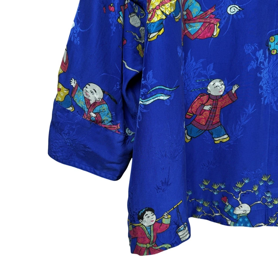 Blusa Top Estilo Kimono De Colección Diseño Chicos Para Mujer Talla 3/XL Azul Seda Motivo Asiático Foto 4 de 4