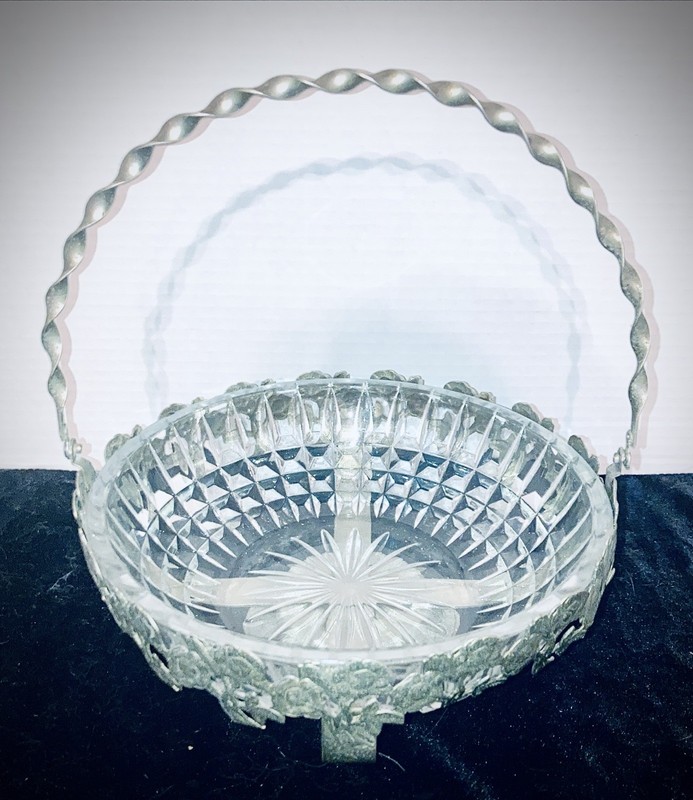2 Piece Silver Plate Caddy W/ Pressed Glass Bowl Bride’s Basket 9”