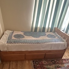 Single Wooden Bed Frame Brown Varnished, Slatted Base, 3 Drawers + new Mattress.