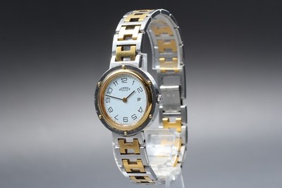[Exc+3] Hermes Clipper 30mm White Dial Date Quartz Unisex Watch From JAPAN