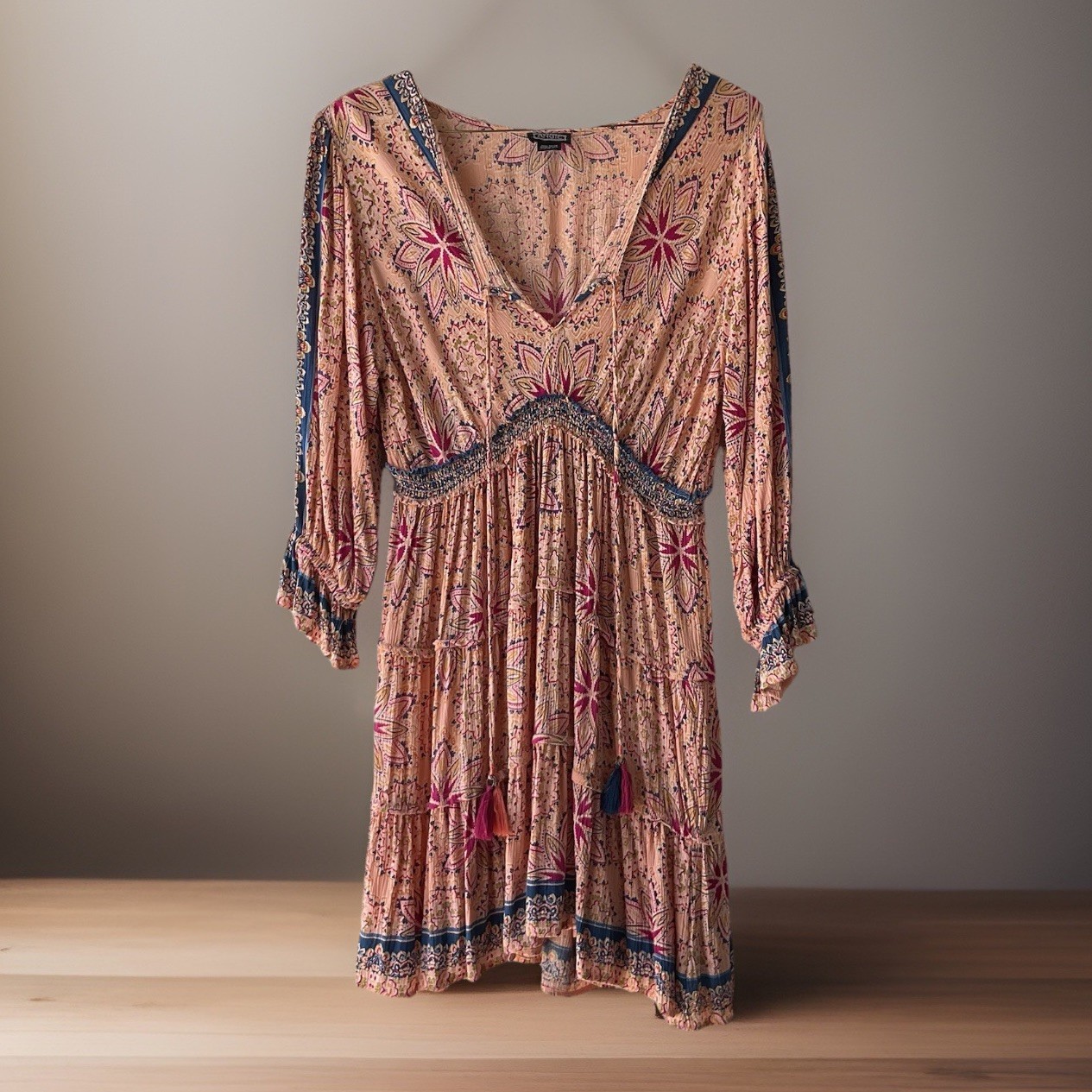 ANGIE Women's L Boho Pink Blue Floral Tiered Dress w/ Tassels Peasant Sleeves