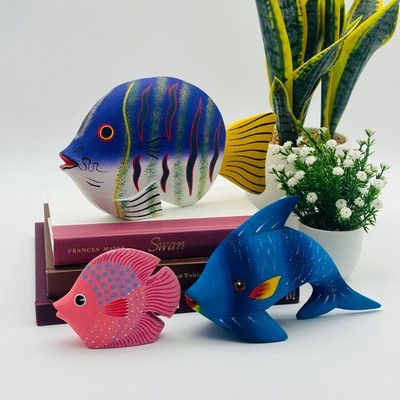 Vintage Hand Painted Wooden Tropical Fish Figurines Set of 3 Blue Pink Yellow