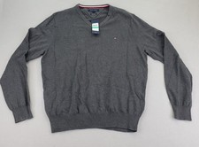 Tommy Hilfiger Sweater Mens L Gray Premium Cotton V Neck Pullover Logo Knit NWT