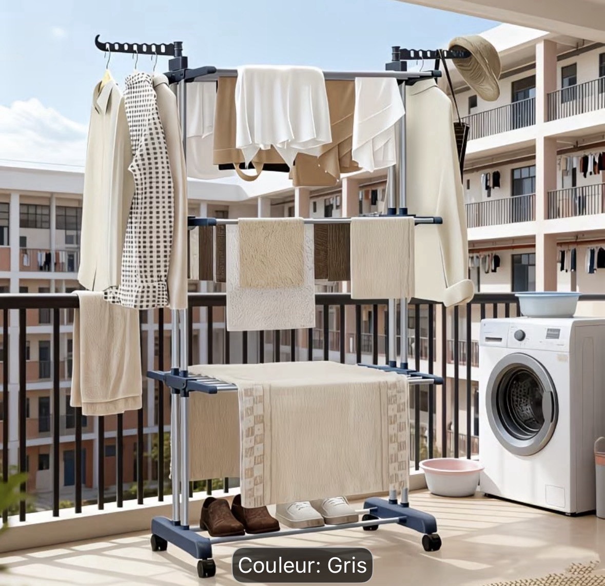 Séchoir linge inox robuste 3 niveaux avec structure modulable antirouille
