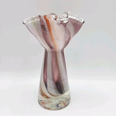 Vintage Hand Blown Art Glass Purple Vase Multi-colored Swirled Glass Pattern