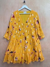 Sézane Yellow Aure Silk Blend Lined Tiered Metallic Print Mini Dress Size 10