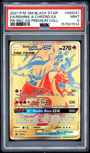 2021 POKEMON SM BLACK STAR PROMO #SM247 FULL ART/RESHIRAM & CHARIZARD GX PSA 9