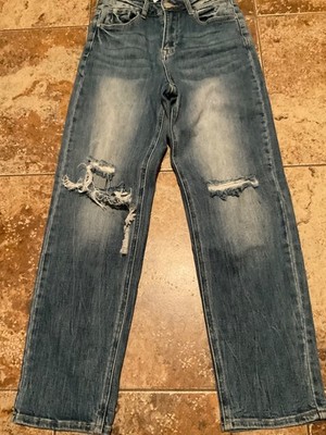 RISEN WOMENS HIGH RISE DISTRESSED RLEXAD LEG DENIM JEAN (SIZE 1/25) MEDIUM WASH