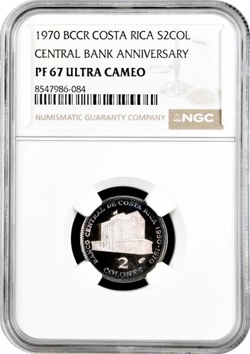 Costa Rica 2 colones 1970, NGC PF67 UC, "20th Anniversary - Central Bank"