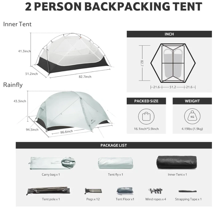 Tienda Mochilera Mongar UL 1/2 Persona, 15D Nylon Impermeable Ultraligera Foto 2 de 4