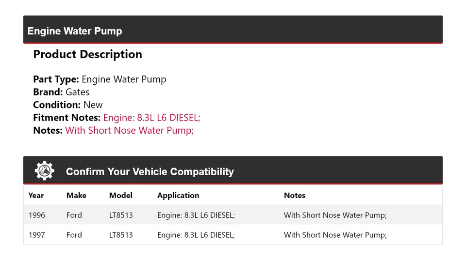 Puertas de bomba de agua para motor diésel Ford LT8513 1996-1997 8,3 L L6 Foto 2 de 4